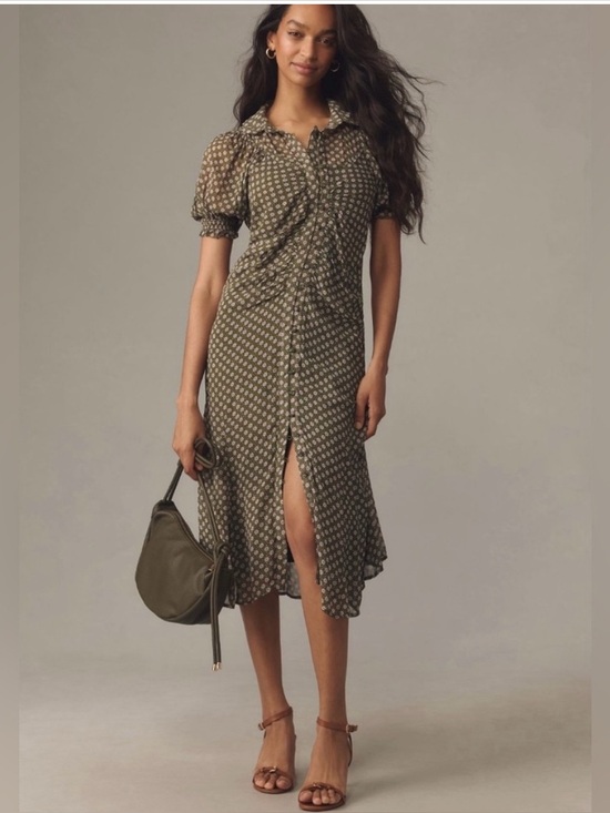 Anthropologie Dresses & Skirts - Anthropologie Puff-Sleeve Ruched Mesh Midi Shirt Dress Women Sz 10 Floral office